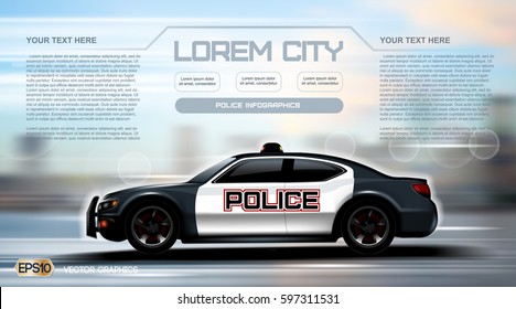 Realistic Police car Infographic. Urban city background. Online Cab Mobile App, Cab Booking, Map Navigation e-commerce business concept. Digital Vector