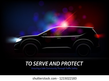 Realistic police car lights with profile view of moving automobile with glowing lights and editable text vector illustration