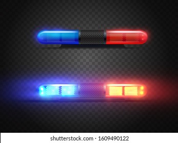 Realistic police led flasher set. Red and blue lights. Transparent beacon for emergency situations.