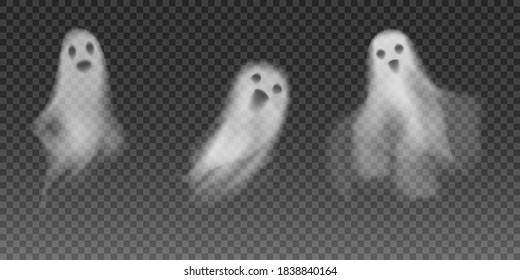 Realistic poltergeist ghost set. 3d smoke looking ghosts at night. Halloween scary ghoul or phantom  illustrations. 
