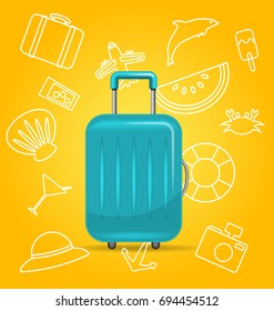 Realistic Polycarbonate Suitcase, Baggage for Tourism, on Yellow Background with Summer Elements - Illustration Vector
