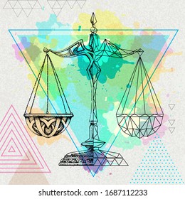 Realistic and polygonal illustration of scales on artistic watercolor background. Libra zodiac sign