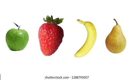 Realistic polygonal vector set of fruits. Realistic isolated apple, banana, pear and strawberry.