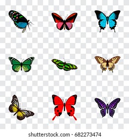 Realistic Polyommatus Icarus, Callicore Cynosura, Green Peacock And Other Vector Elements. Set Of Moth Realistic Symbols Also Includes Red, Purple, Tiger Objects.