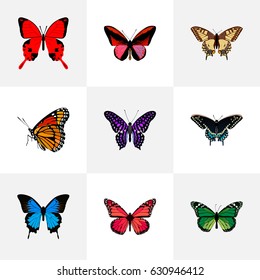 Realistic Polyommatus Icarus, Tiger Swallowtail, Callicore Cynosura And Other Vector Elements. Set Of Butterfly Realistic Symbols Also Includes Violet, Red, Green Objects.