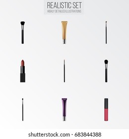 Realistic Pomade, Collagen Tube, Contour Style Kit And Other Vector Elements. Set Of Maquillage Symbols Also Includes Eye, Brush, Liquid Objects.