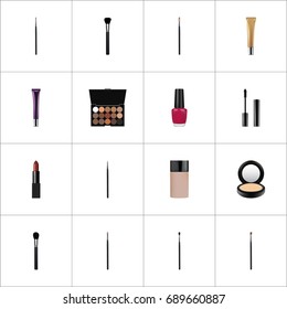 Realistic Pomade, Multicolored Palette, Brow Makeup Tool And Other Vector Elements. Set Of Greasepaint Realistic Symbols Also Includes Mascara, Pomade, Highlight Objects.