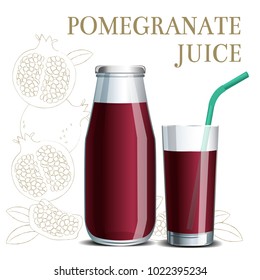 Realistic pomegranate juice in a jar and a glass with a straw on the background of a sketch of fruit for design menu