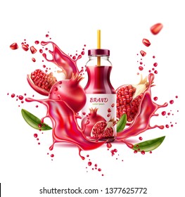 Realistic pomegranate juice package advertising design with bottle and fruits 