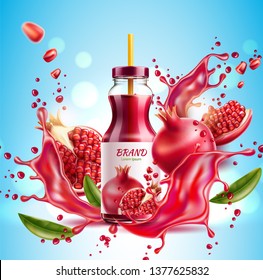 Realistic pomegranate juice package advertising design with bottle and fruits 