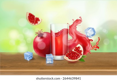 Realistic pomegranate juice splash for package advertising design. Pomegranate fruits on a wooden table