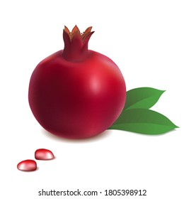 Realistic pomegranate whole and seeds with green leaves, ruby colorful juicy ripe fruit for product package, menu design isolated on white background vector illustration.
