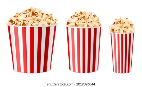 Realistic popcorn buckets. 3d multiple sizes paper cups, snacks for cinema and circus. Large, medium and small containers, striped red white packaging, corns souffles. Vector isolated set