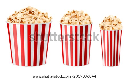 Realistic popcorn buckets. 3d multiple sizes paper cups, snacks for cinema and circus. Large, medium and small containers, striped red white packaging, corns souffles. Vector isolated set