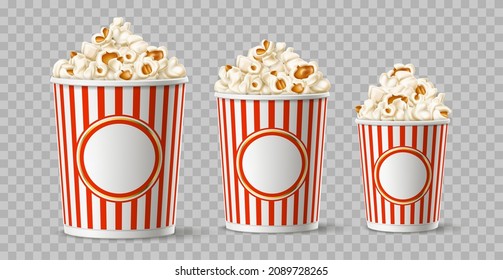 Realistic popcorn buckets. Round cardboard cups for cinema snacks different sizes, isolated on transparent background fast food containers, 3d corn flakes in striped