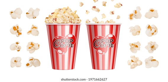 Realistic popcorn. Cinema snack, red stripes bowl for popcorns. Isolated giant paper cup with fast food vector illustration