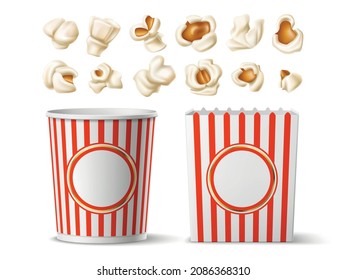 Palomitas de maíz realistas. Tentempiés de cine. Cubos cilíndricos y rectangulares con rayas rojas y blancas. La fiesta 3D hace que el embalaje sea diferente. Piezas saladas. Película de vectores