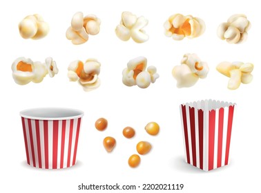 Realistic popcorn grains fluffy pieces and carton bucket icons set isolated vector illustration