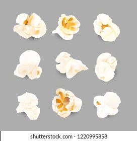 Realistic popcorn grains. Vector illustration on gray background. EPS10.