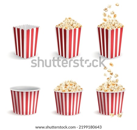 Realistic popcorn icons set with full and empty cardboard packs and buckets isolated vector illustration