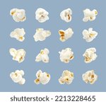 Realistic popcorn, isolated pop corn kernels, vector fast food 3d snacks. Movie cinema or party sweet popcorn kernels in macro closeup, salty fluffy pop corn or sweetcorn snack