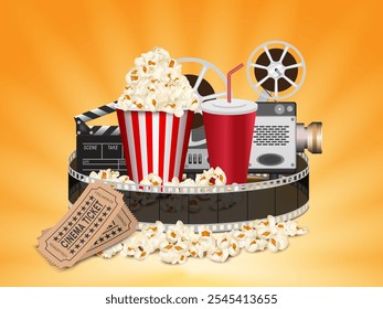 Realistic popcorn on yellow background, popcorn concept in cinema and entertainment in cinema. 3D popcorn for Poster design, advertisement, web banner, billboard and etc.