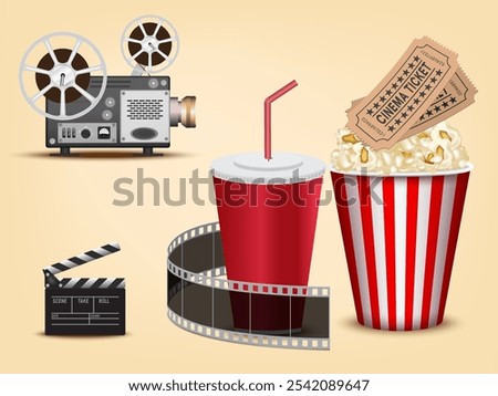 Realistic popcorn on yellow background, popcorn concept in cinema and entertainment in cinema. 3D popcorn for Poster design, advertisement, web banner, billboard and etc.