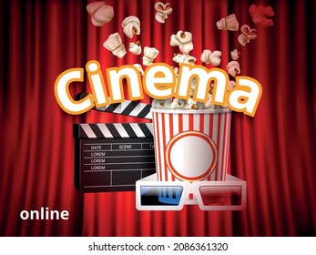 Realistic popcorn. Online movie theater advertising banner. Red curtain background. 3D glasses and clapperboard. Cinema snacks. Food bucket and salty corns. Vector film