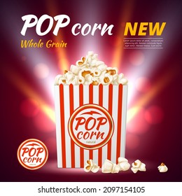 Realistic popcorn poster. Cardboard striped box with snacks flakes and shining spotlights backdrop. Cinema fast food container. Movie appetizer. Salt taste meal 3D bucket