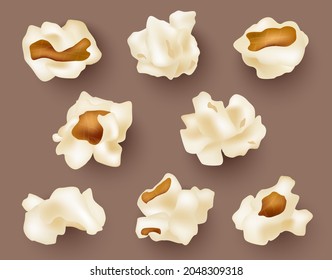 Palomitas de maíz realistas. Comida para el refrigerio para películas 3d maíz esponjoso modelos vectoriales decentes colección aislada