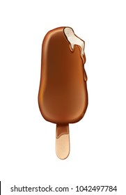 Realistic popsicle chocolate glaze ice cream on wooden stick. Eskimo pie vector 3d sweet dessert illustration, cold food summer holiday vacation symbol. Flavor candy cool snack isolated illustration