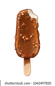 helado de chocolate con crema realista de chocolate en palo de madera con nueces. Dibujo de postre dulce 3d del vector circular esquimal, símbolo de vacaciones de verano de comida fría. Fantástica ilustración de bocadillos fríos