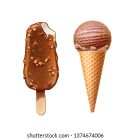 Realistic popsicle chocolate glaze ice cream on wooden stick with nuts, scoop on waffle cone. Eskimo pie vector 3d sweet dessert illustration, cold food summer holiday dessert