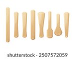 Realistic popsicle sticks. 3d popsicles wooden stick different form, craft ice cream tongue wood texture lolly hand stickes pop sticked frozen dessert, exact vector illustration original artwork