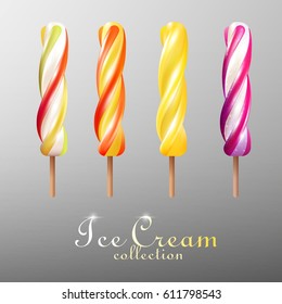 Realistic popsicles colorful ice cream set of different flavors on gray background isolated vector illustration