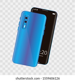 realistic popular smartphone back and front view, bright blue color