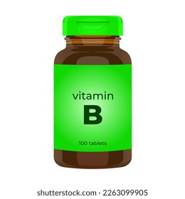 Realistic popular vitamin B bottle packaging mockup vector illustration in trendy flat 3d design style. Tablets medicine brown bottle icon. Editable graphic resources for many purposes.