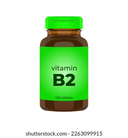 Realistic popular vitamin B2 bottle packaging mockup vector illustration in trendy flat 3d design style. Tablets medicine brown bottle icon. Editable graphic resources for many purposes.