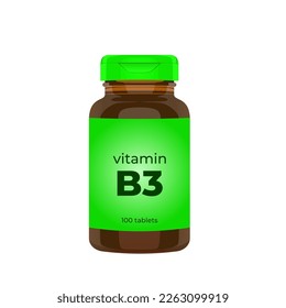 Realistic popular vitamin B3 bottle packaging mockup vector illustration in trendy flat 3d design style. Tablets medicine brown bottle icon. Editable graphic resources for many purposes.