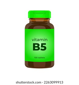 Realistic popular vitamin B5 bottle packaging mockup vector illustration in trendy flat 3d design style. Tablets medicine brown bottle icon. Editable graphic resources for many purposes.