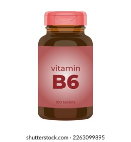 Realistic popular vitamin B6 bottle packaging mockup vector illustration in trendy flat 3d design style. Tablets medicine brown bottle icon. Editable graphic resources for many purposes.