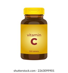 Realistic popular vitamin C bottle packaging mockup vector illustration in trendy flat 3d design style. Tablets medicine brown bottle icon. Editable graphic resources for many purposes.