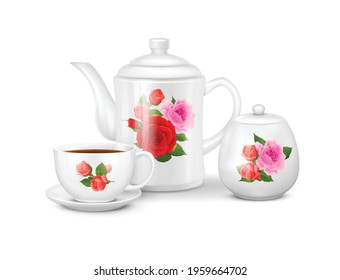 Realistic porcelain tea or coffee set with white cup saucer teapot and sugar bowl with floral ornament vector illustration