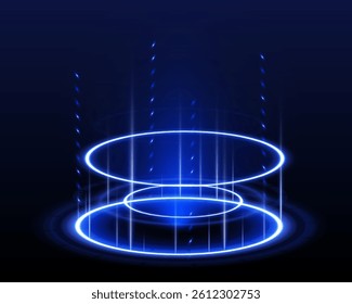 Realistic portal with futuristic lighting and teleportation effect. Glowing neon circles and beams create a vivid atmosphere. Vector illustration for virtual worlds.	
