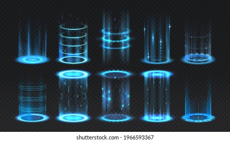 Realistic portal. Level up and teleportation process game effect, futuristic lighting and bright wrap aura. Glowing neon energy circles set. Vector vertical teleport with luminous beams - Shutterstock ID 1966593367