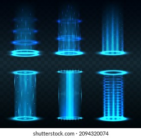 Realistic portal. Level up and teleportation process game effect, futuristic lighting and bright wrap aura. Realistic teleportation portal. Light aura and glowing hologram.