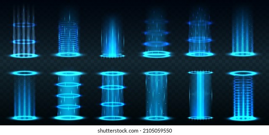 Realistic portal. Level up and teleportation process game effect, futuristic lighting and bright wrap aura. Realistic teleportation portal. Light aura and glowing hologram.