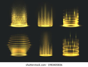 Realistic portal yellow light effect set vector illustration. Collection of level up and teleportation process futuristic bright wrapped aura isolated on black. Vertical teleport neon energy circles