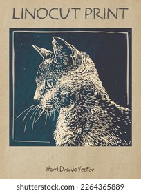 Realistic portrait of a cat.Hand drawn vector illustration, stylized in traditional artistic linocut or woodcut print on old paper