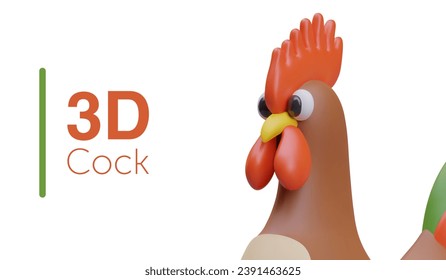 Realistic portrait of cock with red forelock on white background. Farm rooster, composition with fighting cock. Vector illustration in 3D style with place for text